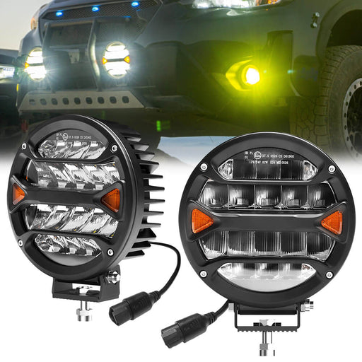 7in 24000LM 240W Round Spot Flood Light Pod Off Road Fog Driving Roof Bar Bumper for Jeep Pickup SUV Truck Hunters with DT Connector Kit