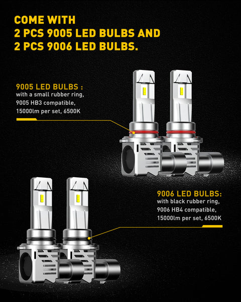 9005 9006 LED Bulbs Combo for Stock Halogen Replacement, 24000LM 6500K Cool White, Wireless LED Light Bulbs, Pack of 4