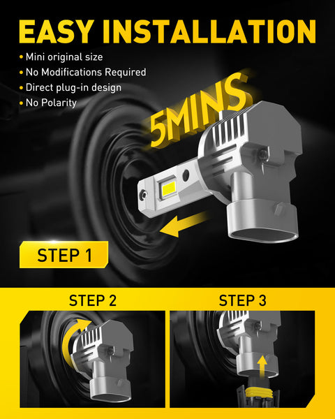 AUXITO H10 9140 9145 LED Fog Lights, 6500K Cool White, 600% Brighter, Mini Size, Plug & Play