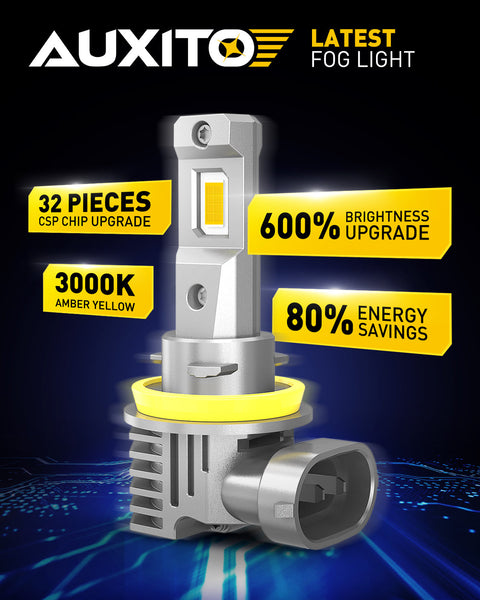 AUXITO H11/H8/H16 LED Fog Light Bulbs, 3000K Amber Yellow, 600% Brighter, Fanless Mini Size, Plug and Play, Pack of 2