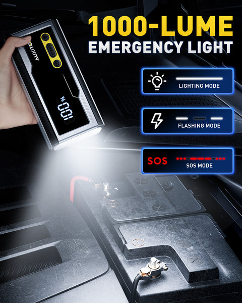 AUXITO T4 8000A Car Jump Starter, Portable 12V Jump Box for Gas & Diesel, Battery Booster Pack with Smart Clamps, Power Bank USB Port, LED Flashlight (SOS/Strobe), Large LCD, IP68 Water-Resistant