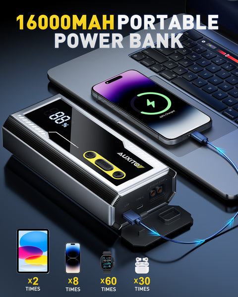 AUXITO T4 8000A Car Jump Starter, Portable 12V Jump Box for Gas & Diesel, Battery Booster Pack with Smart Clamps, Power Bank USB Port, LED Flashlight (SOS/Strobe), Large LCD, IP68 Water-Resistant