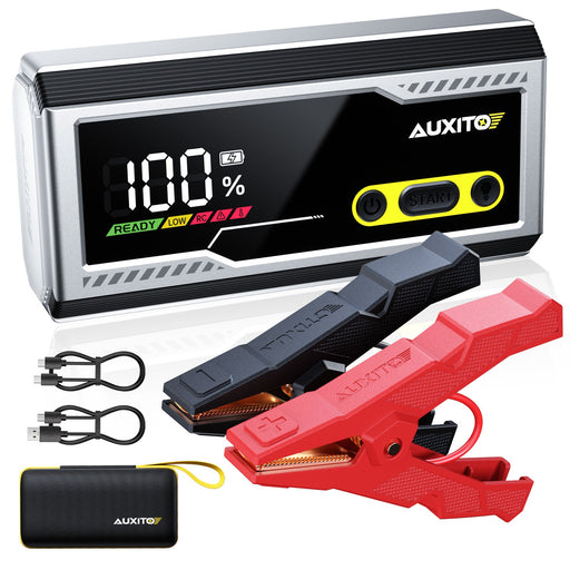 AUXITO T4 8000A Car Jump Starter, Portable 12V Jump Box for Gas & Diesel, Battery Booster Pack with Smart Clamps, Power Bank USB Port, LED Flashlight (SOS/Strobe), Large LCD, IP68 Water-Resistant