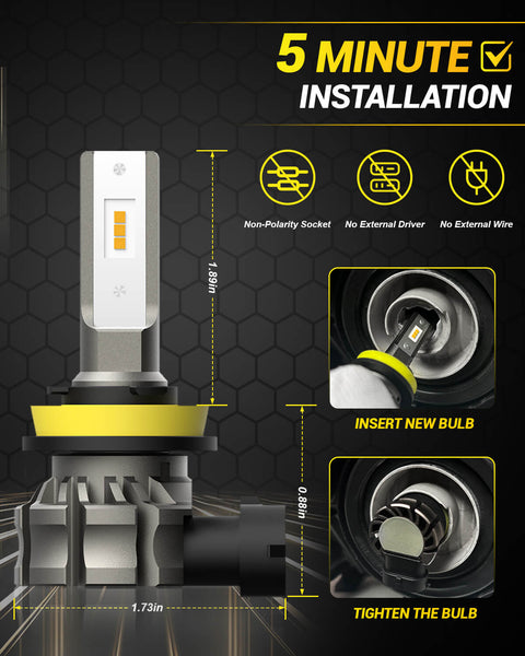 H11 H8 H9 LED Fog Light Bulbs, Fanless Design, 6000 Lumens 3000K Amber Yellow Light