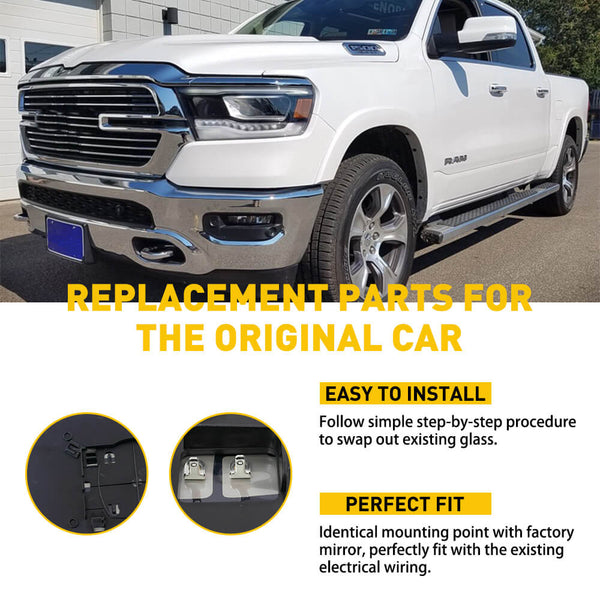 Heated Mirror Glass for 2010-2019 Dodge Ram 1500 2500, 2019 Ram 1500 Classic (Left & Right)