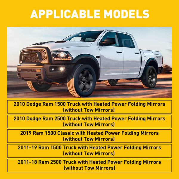 Heated Mirror Glass for 2010-2019 Dodge Ram 1500 2500, 2019 Ram 1500 Classic (Left & Right)