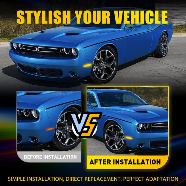 LED Side Marker Light for Dodge Challenger 2015-2023, Clear Lens, Amber, Front