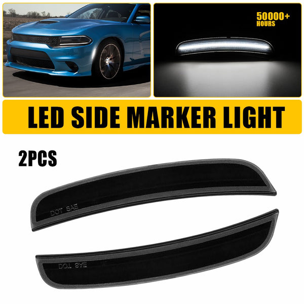 LED Side Marker Light for Dodge Charger 2015-2022, Smoked Lens, White, Front Bumper