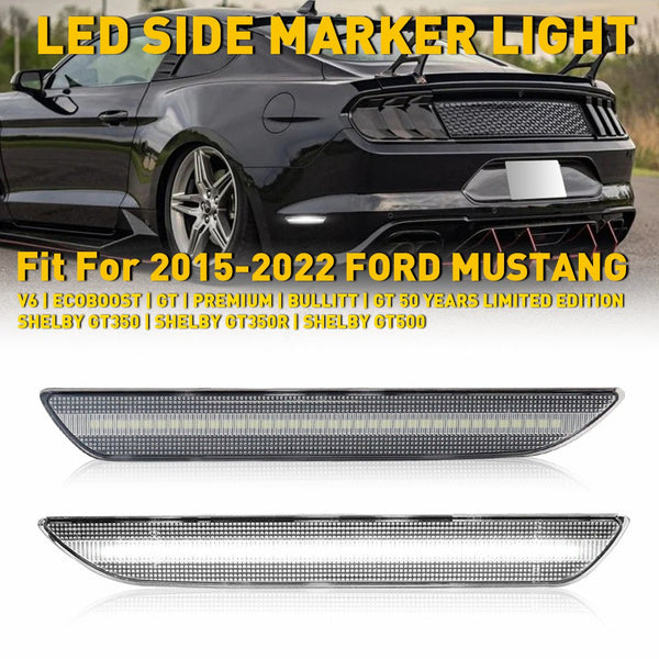 LED Side Marker Light for Ford Mustang V6/EcoBoost/GT 2015-2022, Clear Lens, White, Rear