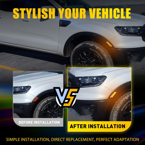 LED Side Marker Light for Ford Ranger 2019-2022, Smoked Lens, Amber, Front Bumper