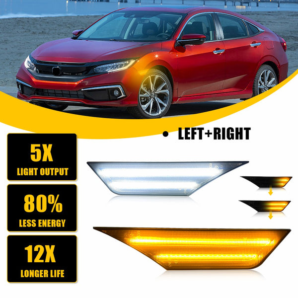 LED Side Marker Light for Honda Civic 2016-2021, Amber/White, Dynamic Turn Signal