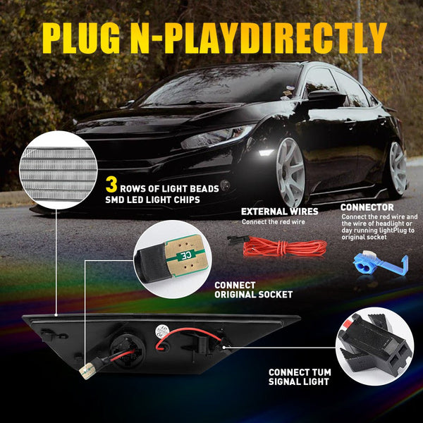 LED Side Marker Light for Honda Civic 2016-2021, Clear Lens, Switchback Sequential