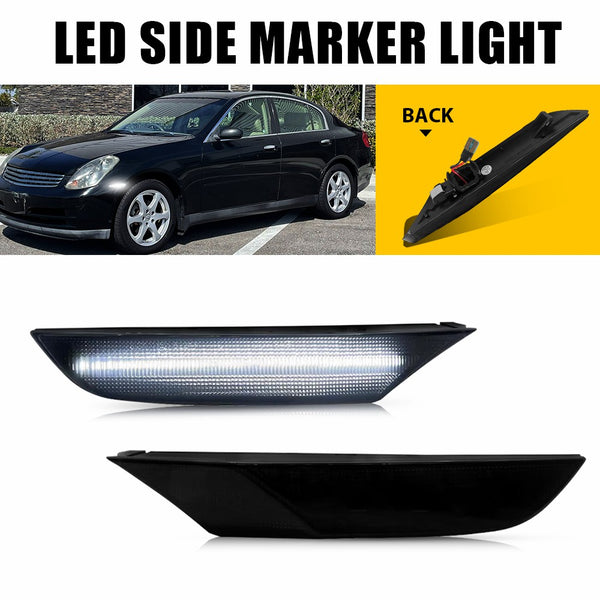 LED Side Marker Light for Infiniti G35 Sedan 2003-2006, Smoked Lens, White, Front Bumper
