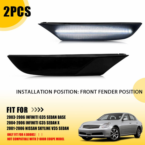 LED Side Marker Light for Infiniti G35 Sedan 2003-2006, Smoked Lens, White, Front Bumper