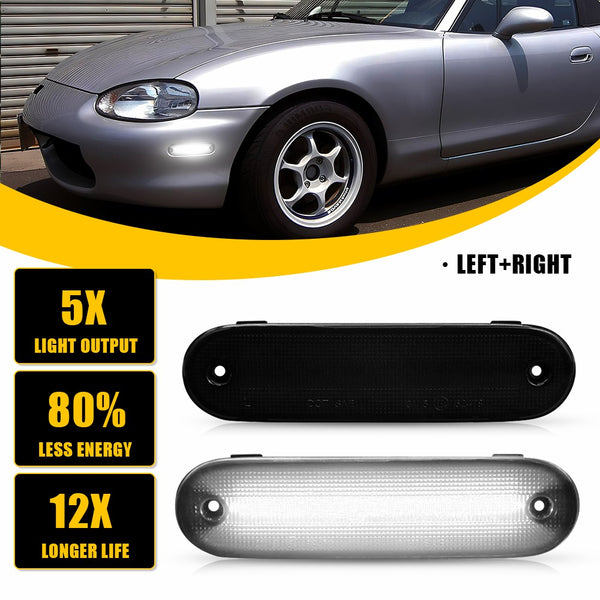 LED Side Marker Light for Mazda MX-5 Miata 1990-2005, Smoked Lens, White, Front/Rear