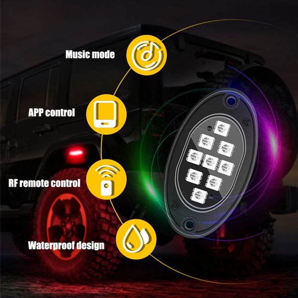 RGB Dreamcolor LED Car Underglow Lights Music Bluetooth APP Remote Control-9 LEDs Per Light
