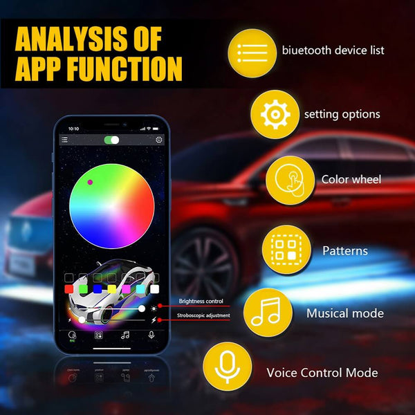 RGB Dreamcolor LED Car Underglow Lights Music Bluetooth APP Remote Control-9 LEDs Per Light