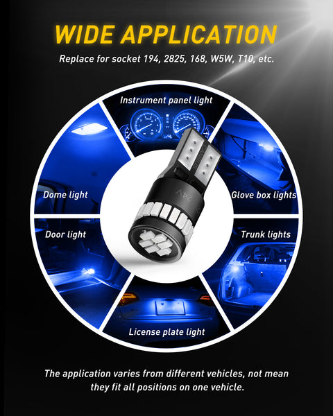 194 LED Light Bulb, Ultra Blue 168 2825 W5W T10 Wedge 24-SMD 3014 Chipsets LED Replacement Bulbs Error Free