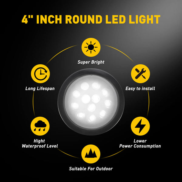 4inch 12 LED Round Tail Lights Kit Including 3-pin Water Tight Plug Rear Reverse Brake Lights