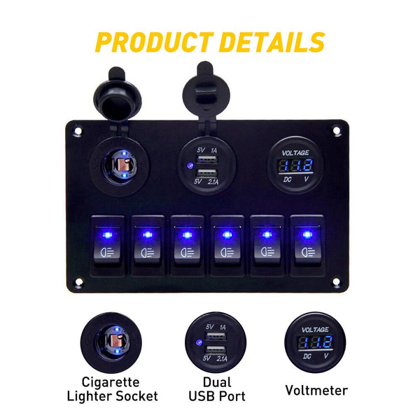6 Gang Marine Boat Rocker Switch Panel, 12V Waterproof RV Led Switch Panel for Car Truck Marine Boat