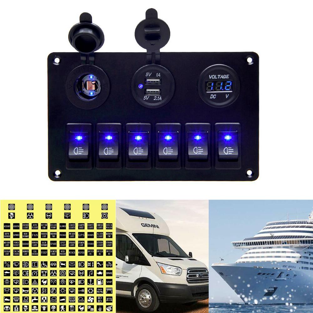 6 Gang Marine Boat Rocker Switch Panel, 12V Waterproof RV Led Switch Panel for Car Truck Marine Boat