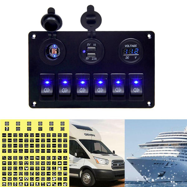 6 Gang Marine Boat Rocker Switch Panel, 12V Waterproof RV Led Switch Panel for Car Truck Marine Boat