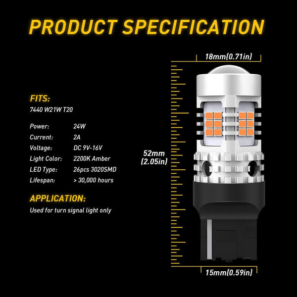 AUXITO 7440 LED Bulbs Amber Yellow 2800LM, for Turn Signal Lights with Build-in Load Resistor