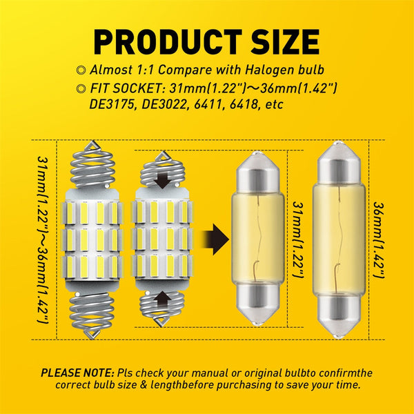 AUXITO Festoon Retractable DE3175 DE3021 LED Bulbs Error Free Extremely Bright