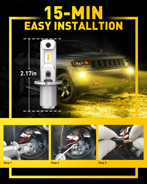 AUXITO H3 LED Fog Light Bulbs with 8 CSP chips 3000K Amber Yellow