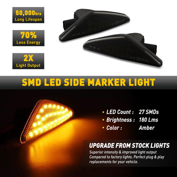 For 07-14 BMW X5 X3 X6 Dynamic Amber LED Smoke Side Marker Turn Signal Lights, 2Pcs