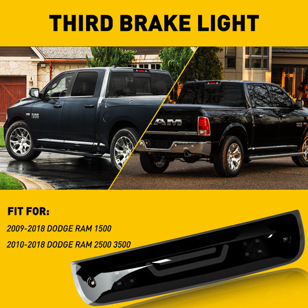 For 09-18 Dodge Ram 1500 2500 3500 3rd LED Brake Light Cargo Lamp High Mount Brake Light Replacement (Black+ Smoke Lens)