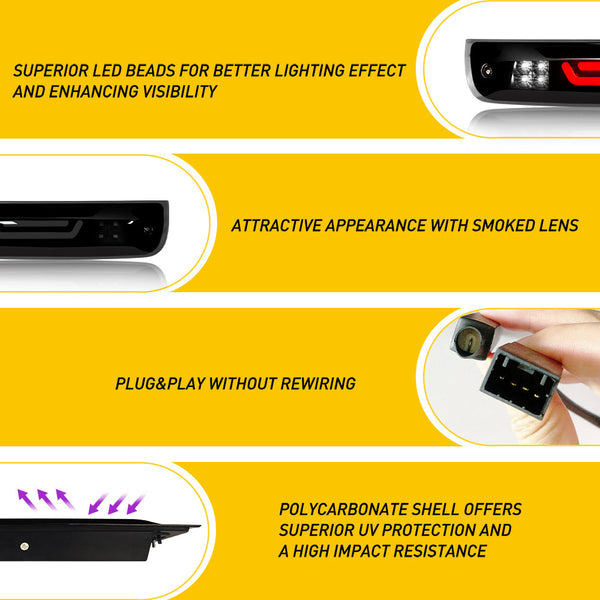 For 09-18 Dodge Ram 1500 2500 3500 3rd LED Brake Light Cargo Lamp High Mount Brake Light Replacement (Black+ Smoke Lens)