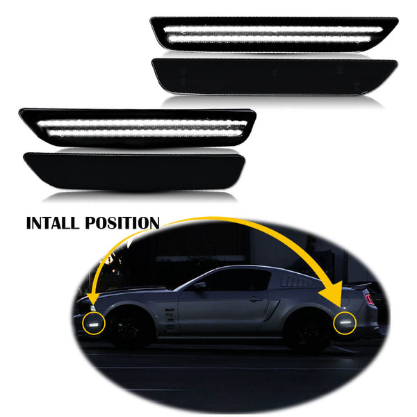 For 10-14 Ford Mustang LED Front & Rear Fender Side Marker Light Smoke Lens, White