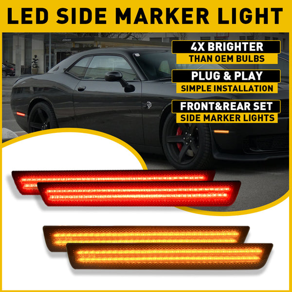 For 15-22 Dodge Challenger Front & Rear Bumper LED Side Marker Light, Smoke Len
