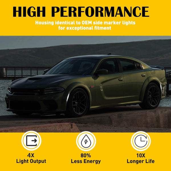 For 15-22 Dodge Charger White LED Front & Rear Side Marker Lights, 4pcs