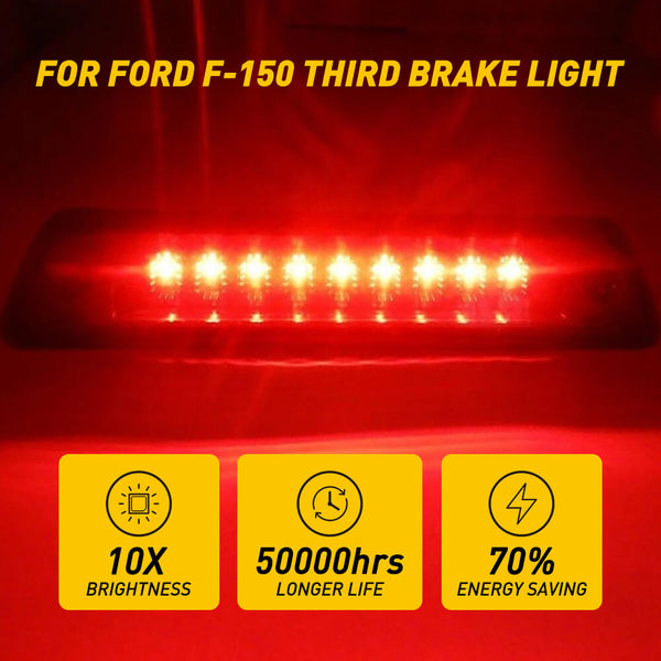 Smoked Shell Lens Red+White Super Bright LED Third Brake Light, Cargo and Brake Light Compatible with 09-14 Ford F150 Models