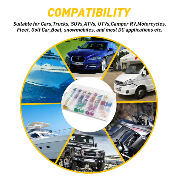 Standard & Mini Size 220 Pieces Car Fuses Assortment Kit, and 12-Way Blade Car Fuse Box with Waterproof Cover (with 24pcs Fuse), Replacement Fuses for Universal Vehicle