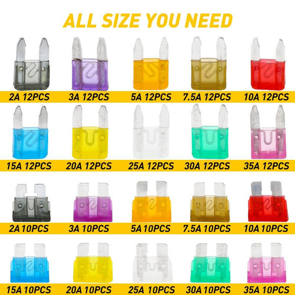 Standard & Mini Size 220 Pieces Car Fuses Assortment Kit, and 12-Way Blade Car Fuse Box with Waterproof Cover (with 24pcs Fuse), Replacement Fuses for Universal Vehicle