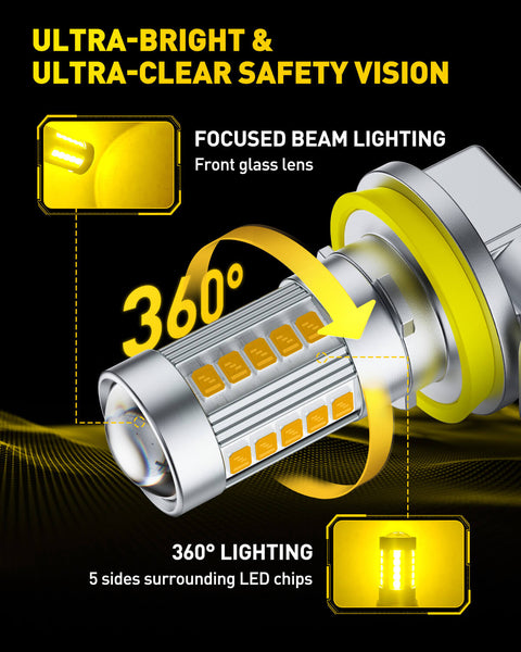 2025 Upgraded H11/H8/H9 LED Fog Light Bulbs, 3000K Amber Yellow, 1:1 Mini Size H11/H8/H16 Yellow LED Fog Light Bulbs, 360° Full Illumination