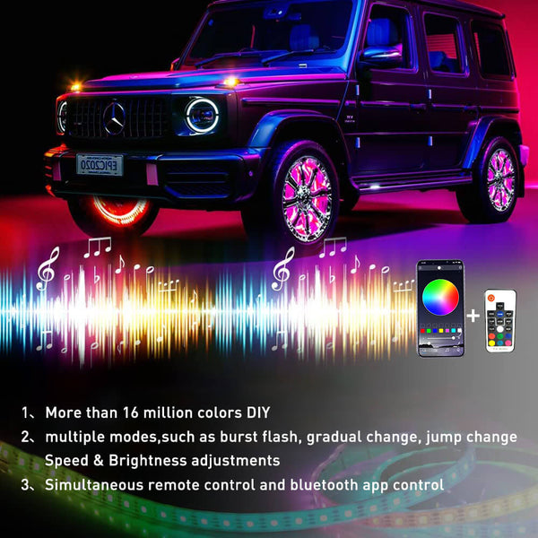 4*15.5 inch LED Wheel Ring Lights RGB Color Brake Chasing Turn Signal for Car Truck Vehicle (with APP+Remote Control)