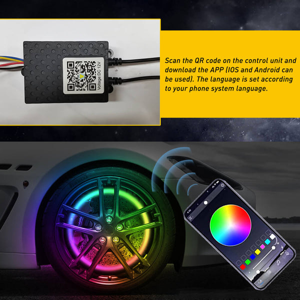 4*15.5 inch LED Wheel Ring Lights RGB Color Brake Chasing Turn Signal for Car Truck Vehicle (with APP+Remote Control)