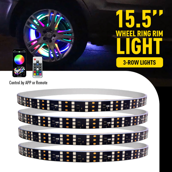 4*15.5 inch LED Wheel Ring Lights RGB Color Brake Chasing Turn Signal for Car Truck Vehicle (with APP+Remote Control)