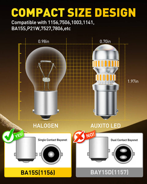 AUXITO 1156 LED Bulbs Amber Yellow 400% Super Bright 7506 BA15S P21W LED Bulb with Projector for Front Rear LED Turn Signal Bulb DRL Marker Blinker Parking Lights