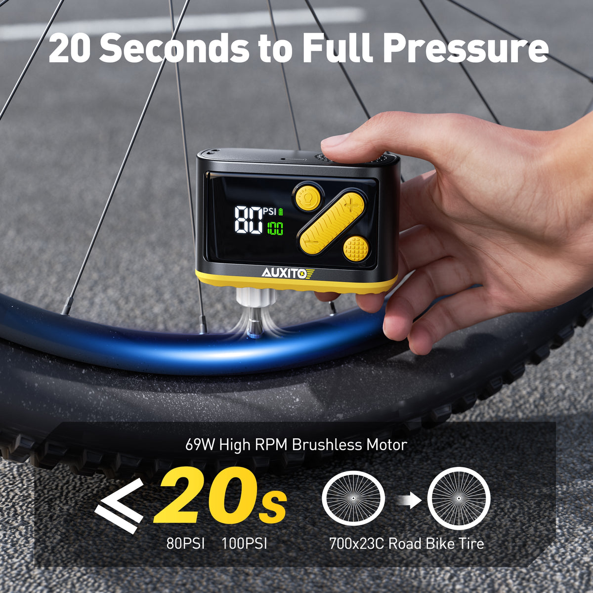 electric bicycle tire inflator AUXITO A101 Mini Cordless Bike Pump 120 PSI, Electric Tire Inflator with Gauge, Presta & Schrader Valve, Fast Inflate for Road & Mountain Bikes, E-