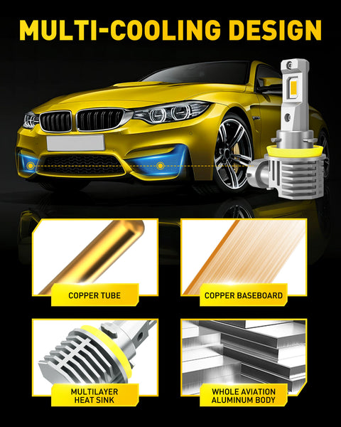 AUXITO H11/H8/H16 LED Fog Light Bulbs, 3000K Amber Yellow, 600% Brighter, Fanless Mini Size, Plug and Play, Pack of 2