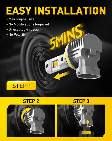 AUXITO H11/H8/H16 LED Fog Light Bulbs, 3000K Amber Yellow, 600% Brighter, Fanless Mini Size, Plug and Play, Pack of 2