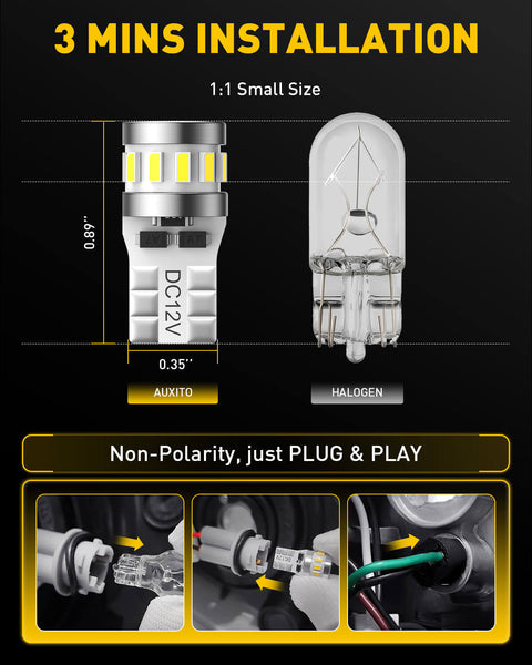 AUXITO Newest T10 W5W 194 168 LED Bulbs – 6500K White, Canbus Error-Free for Dome, Door, Map, Trunk, and License Plate Lights