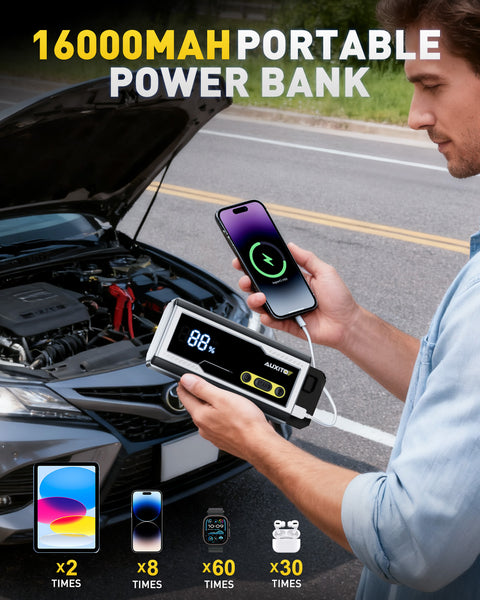 AUXITO T4 8000A Car Jump Starter, Portable 12V Jump Box for Gas & Diesel, Battery Booster Pack with Smart Clamps, Power Bank USB Port, LED Flashlight (SOS/Strobe), Large LCD, IP68 Water-Resistant