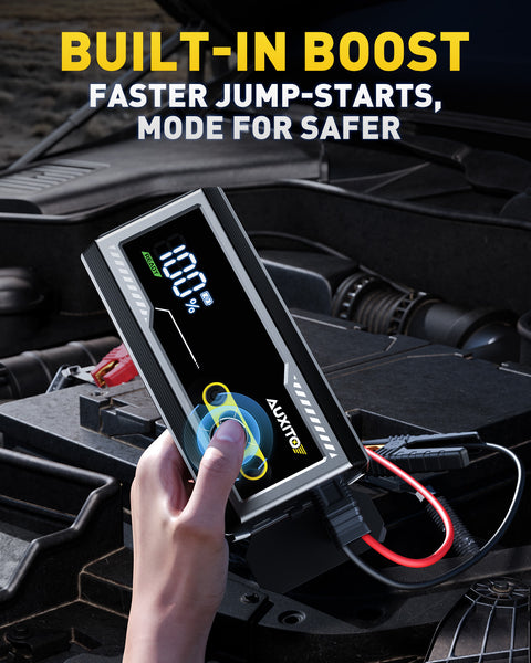 AUXITO T4 8000A Car Jump Starter, Portable 12V Jump Box for Gas & Diesel, Battery Booster Pack with Smart Clamps, Power Bank USB Port, LED Flashlight (SOS/Strobe), Large LCD, IP68 Water-Resistant