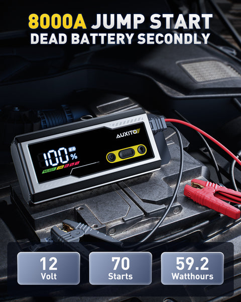 AUXITO T4 8000A Car Jump Starter, Portable 12V Jump Box for Gas & Diesel, Battery Booster Pack with Smart Clamps, Power Bank USB Port, LED Flashlight (SOS/Strobe), Large LCD, IP68 Water-Resistant